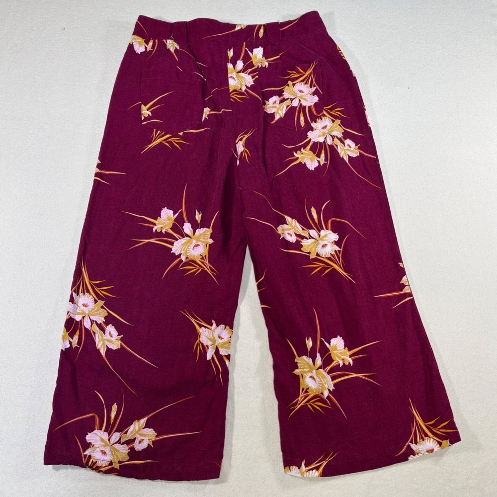 ModCloth Boho Floral Wide Leg Flowy Pants Women's Size 10 Burgundy Orchid